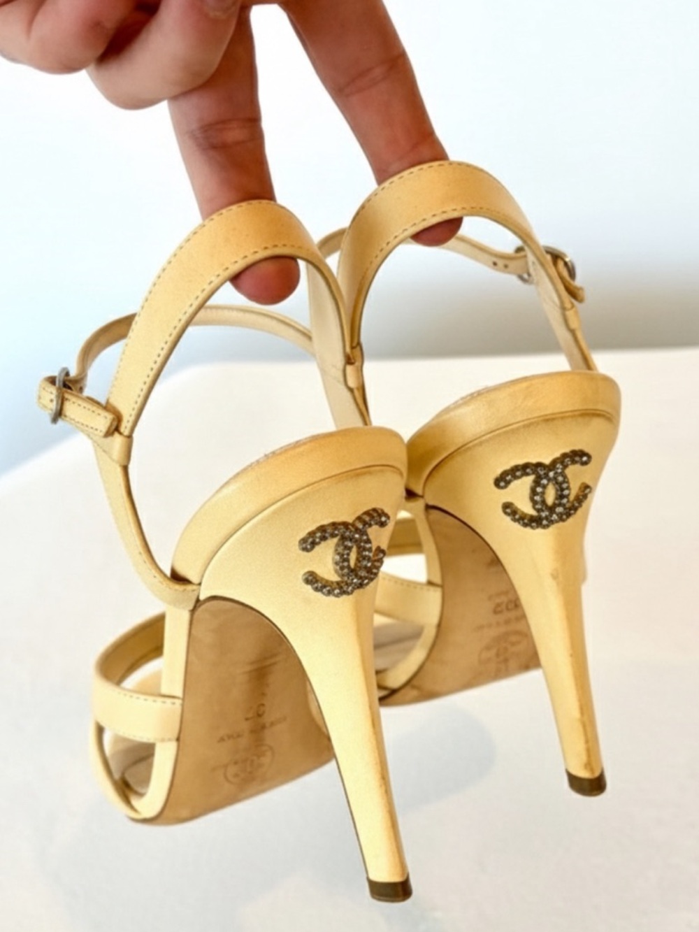 CHANEL Leather Strappy heels, Interlocking Strass CCs,quilted int, nude, 37, GUC - Picture 2 of 14